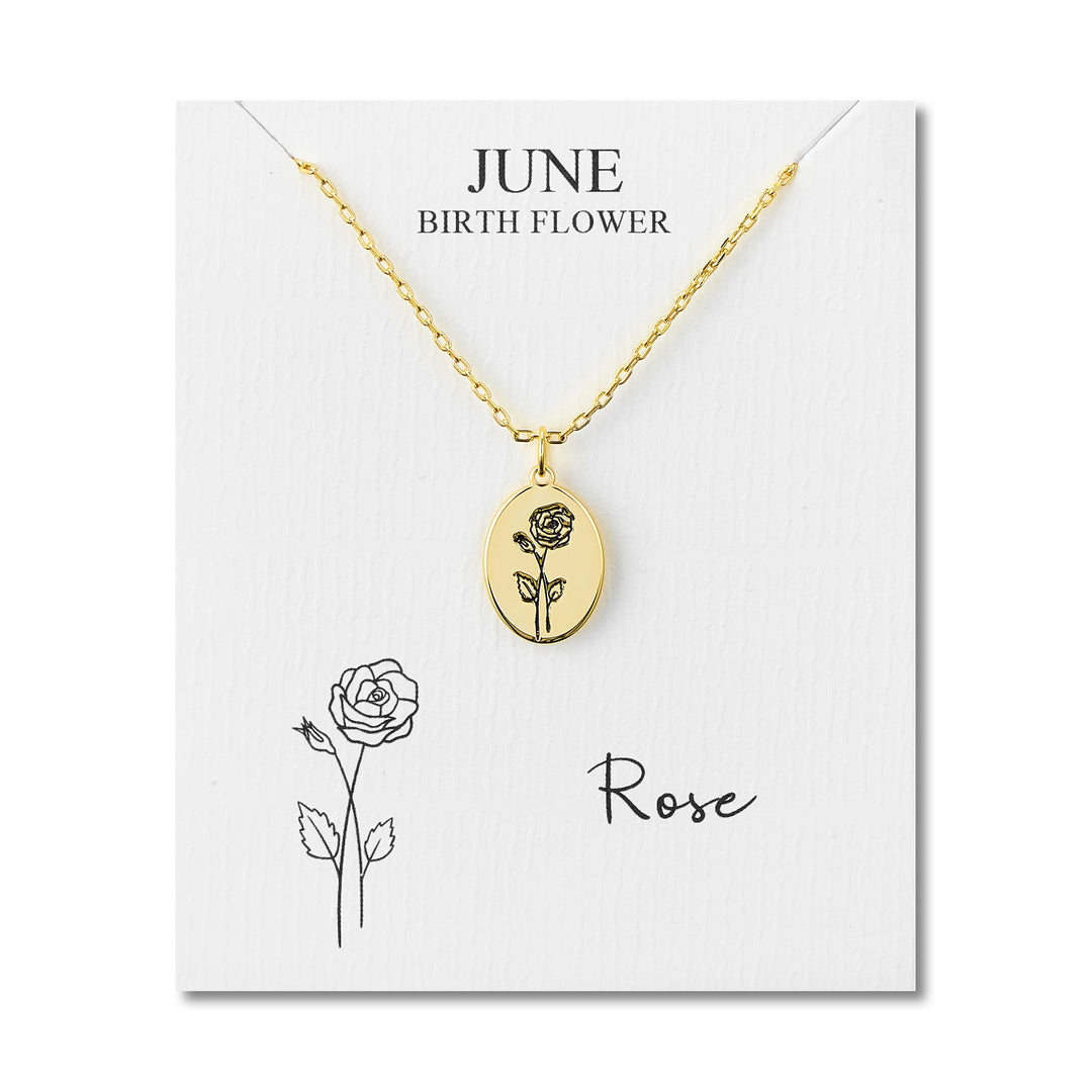 18k Gold Plated June Birth Flower Rose Necklace with Card - Philip Jones