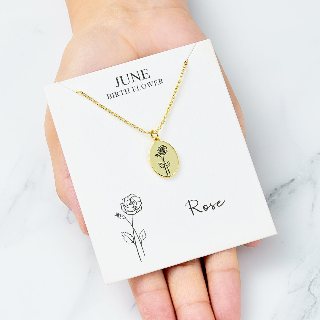 18k Gold Plated June Birth Flower Rose Necklace with Card