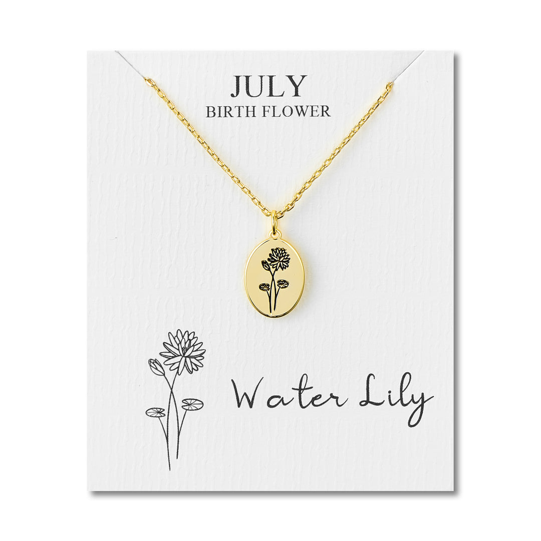 18k Gold Plated July Birth Flower Water Lily Necklace with Card - Philip Jones