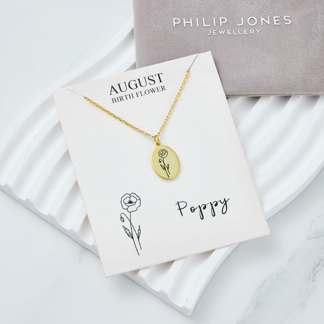 18k Gold Plated August Birth Flower Poppy Necklace with Card