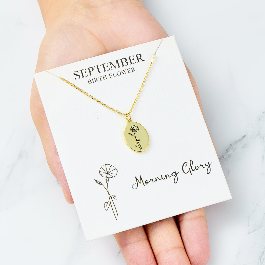 18k Gold Plated September Birth Flower Morning Glory Necklace with Card