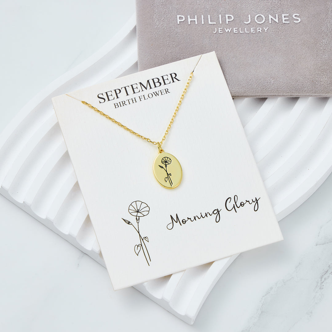 18k Gold Plated September Birth Flower Morning Glory Necklace with Card