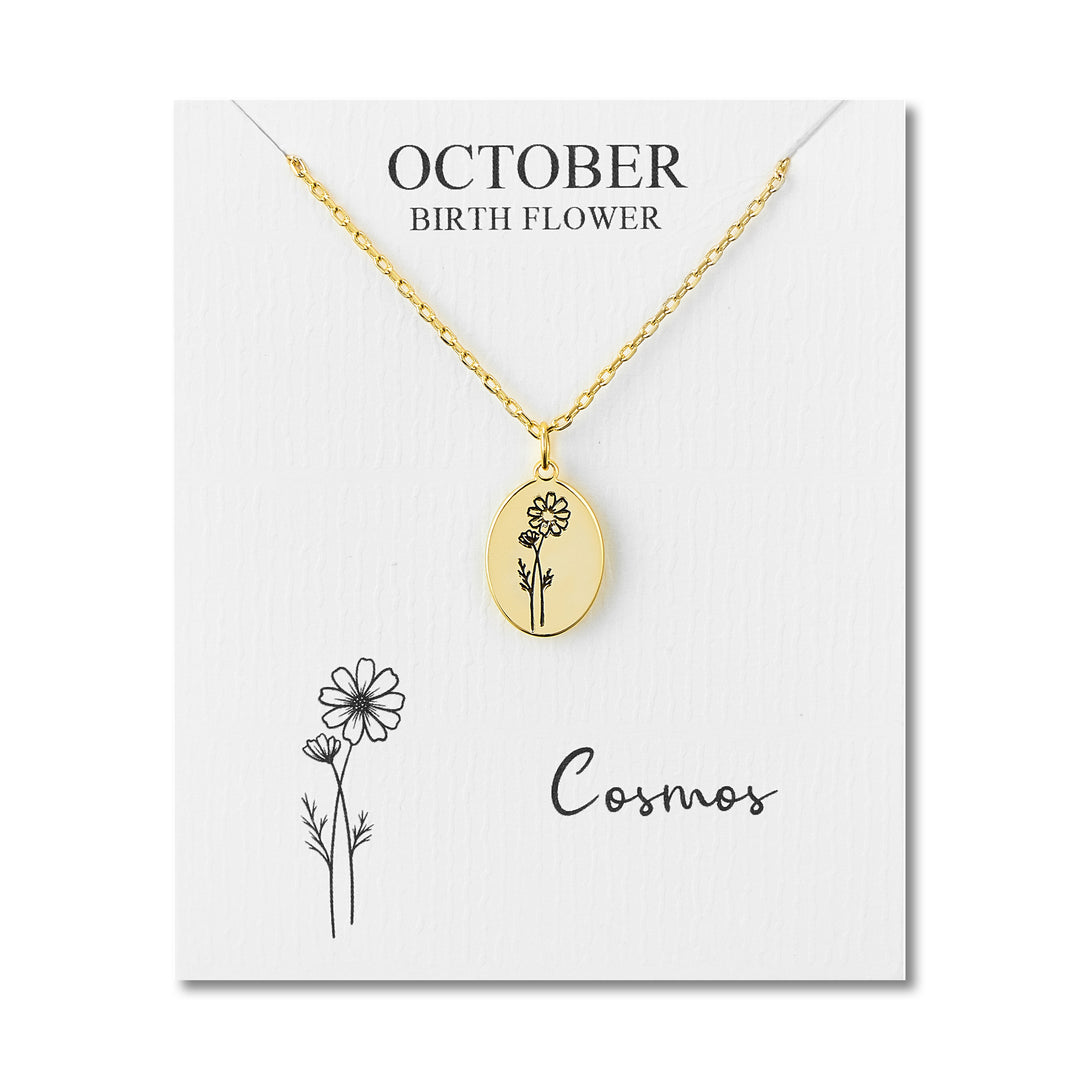 18k Gold Plated October Birth Flower Cosmos Necklace with Card - Philip Jones