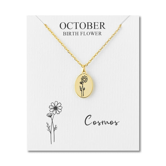 18k Gold Plated October Birth Flower Cosmos Necklace with Card - Philip Jones