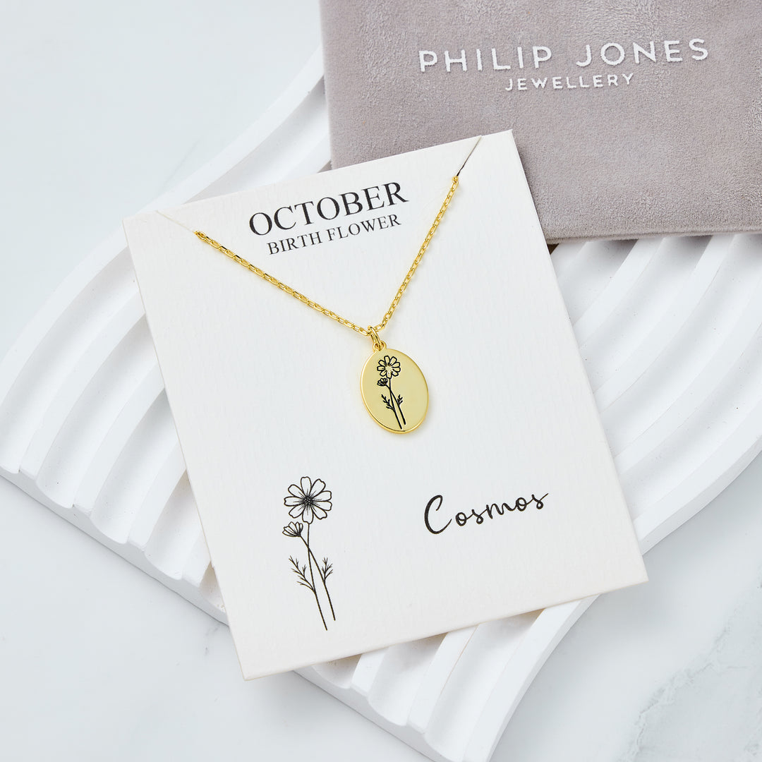 18k Gold Plated October Birth Flower Cosmos Necklace with Card