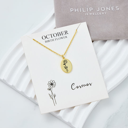 18k Gold Plated October Birth Flower Cosmos Necklace with Card