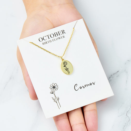 18k Gold Plated October Birth Flower Cosmos Necklace with Card