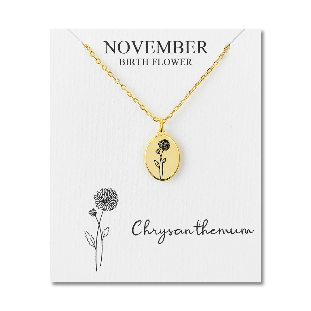 18k Gold Plated November Birth Flower Chrysanthemum Necklace with Card - Philip Jones