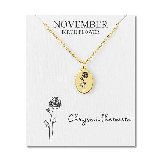 18k Gold Plated November Birth Flower Chrysanthemum Necklace with Card - Philip Jones