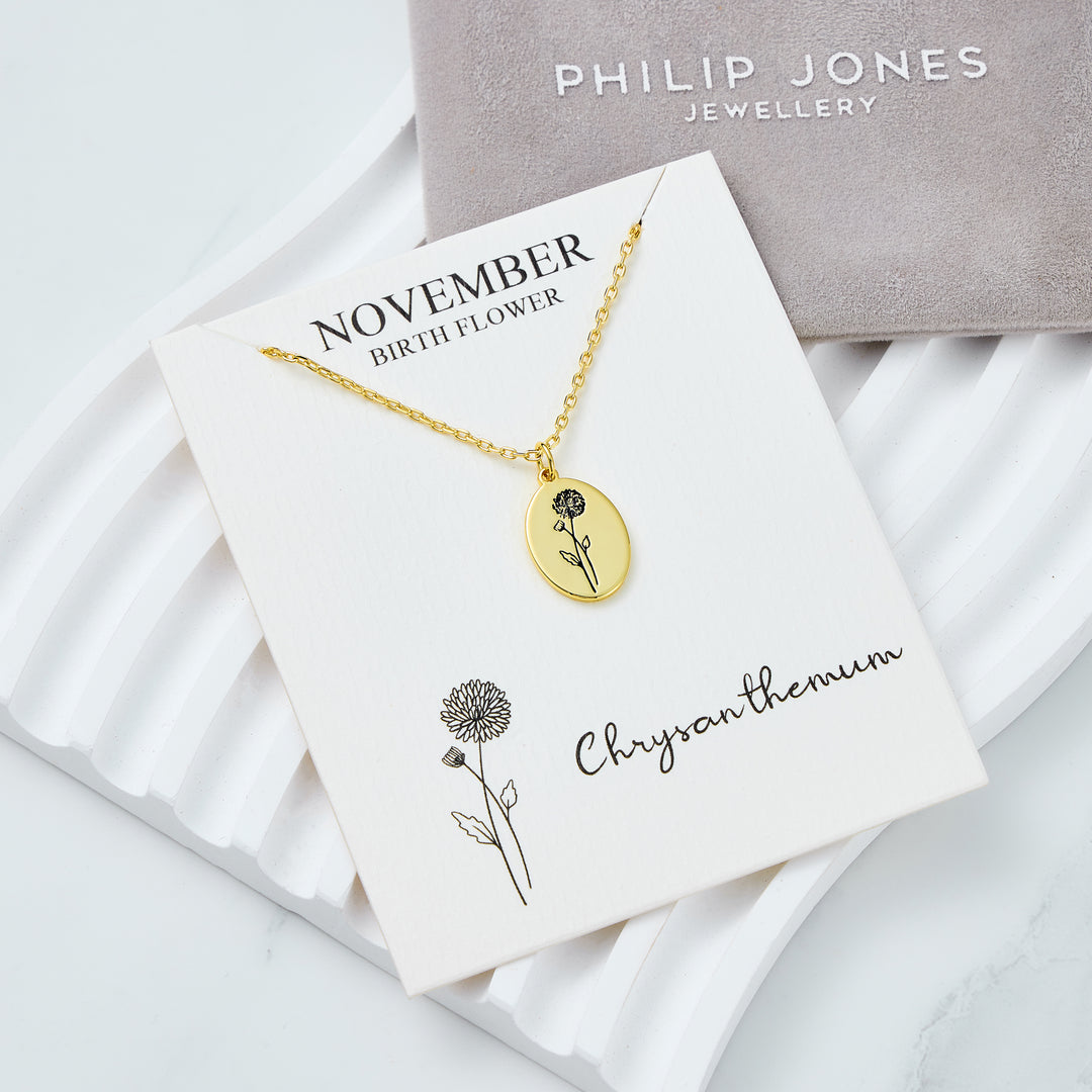 18k Gold Plated November Birth Flower Chrysanthemum Necklace with Card