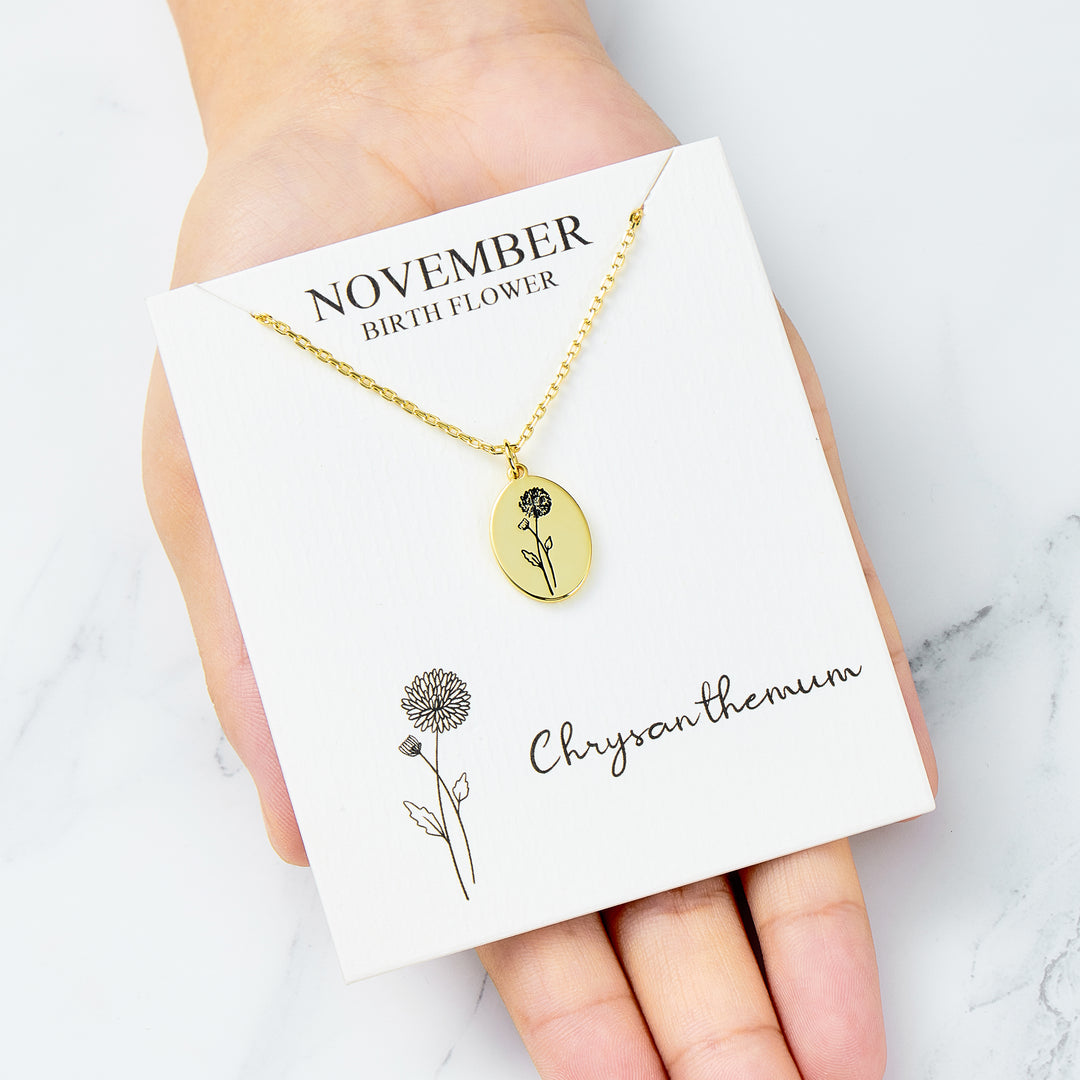18k Gold Plated November Birth Flower Chrysanthemum Necklace with Card