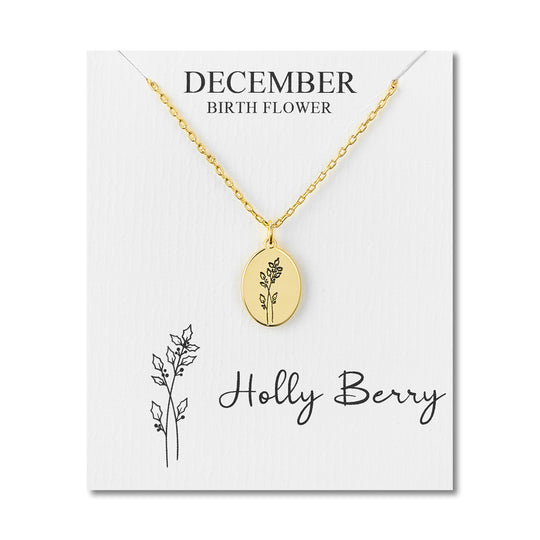 18k Gold Plated December Birth Flower Holly Berry Necklace with Card