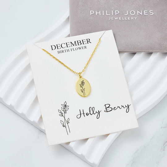 18k Gold Plated December Birth Flower Holly Berry Necklace with Card