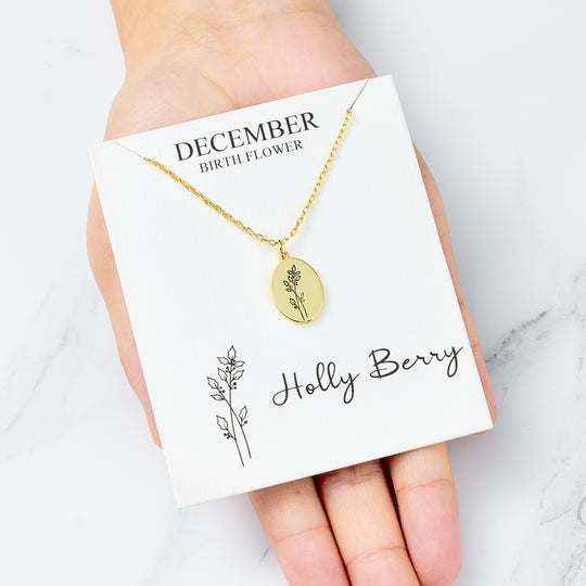 18k Gold Plated December Birth Flower Holly Berry Necklace with Card