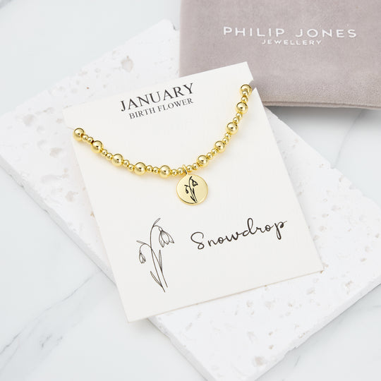 18k Gold Plated January Birth Flower Snowdrop Beaded Stretch Bracelet with Card