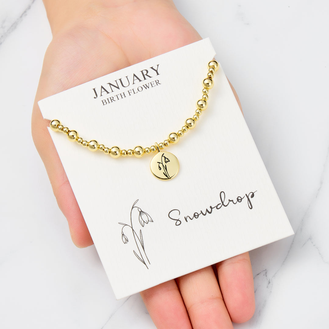 18k Gold Plated January Birth Flower Snowdrop Beaded Stretch Bracelet with Card