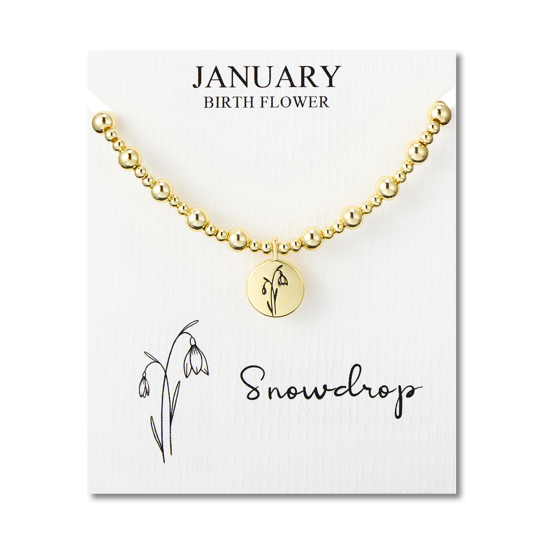 18k Gold Plated January Birth Flower Snowdrop Beaded Stretch Bracelet with Card