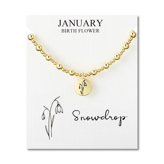 18k Gold Plated January Birth Flower Snowdrop Beaded Stretch Bracelet with Card