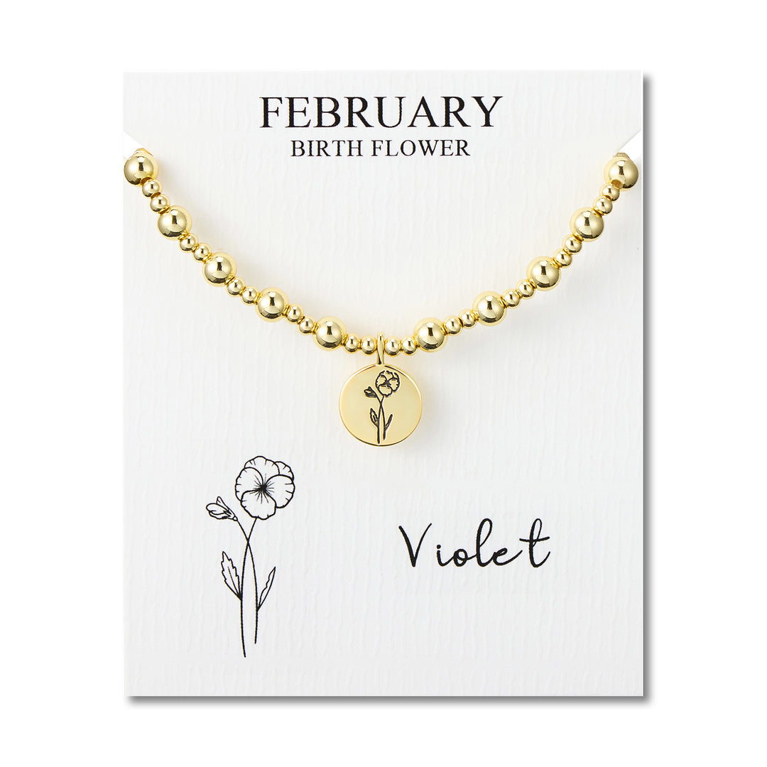 18k Gold Plated February Birth Flower Violet Beaded Stretch Bracelet with Card
