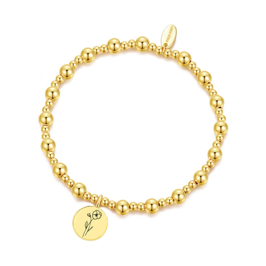 18k Gold Plated February Birth Flower Violet Beaded Stretch Bracelet with Card