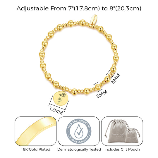 18k Gold Plated February Birth Flower Violet Beaded Stretch Bracelet with Card
