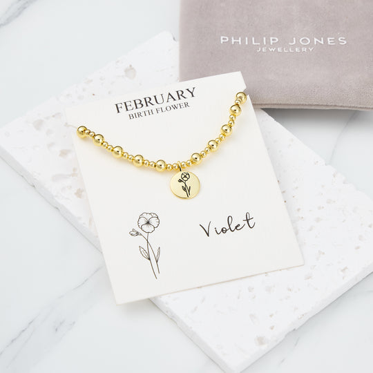 18k Gold Plated February Birth Flower Violet Beaded Stretch Bracelet with Card