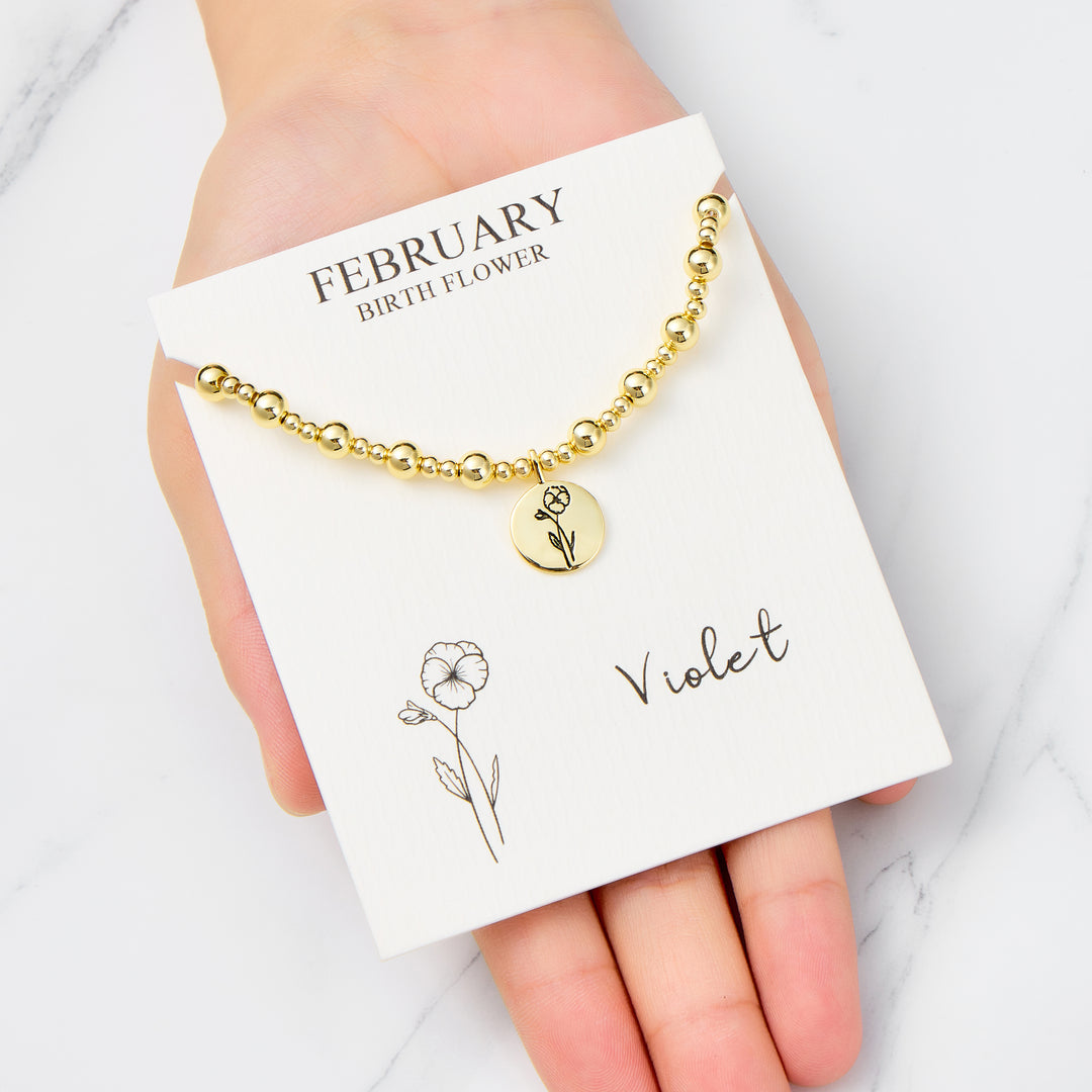 18k Gold Plated February Birth Flower Violet Beaded Stretch Bracelet with Card