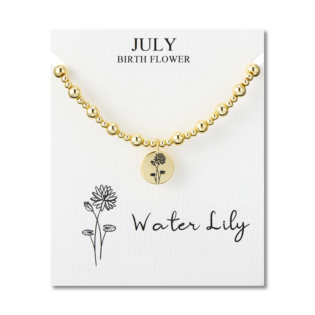 18k Gold Plated July Birth Flower Water Lily Beaded Stretch Bracelet with Card - Philip Jones