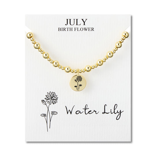 18k Gold Plated July Birth Flower Water Lily Beaded Stretch Bracelet with Card - Philip Jones