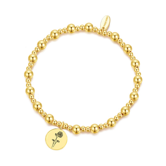 18k Gold Plated July Birth Flower Water Lily Beaded Stretch Bracelet with Card