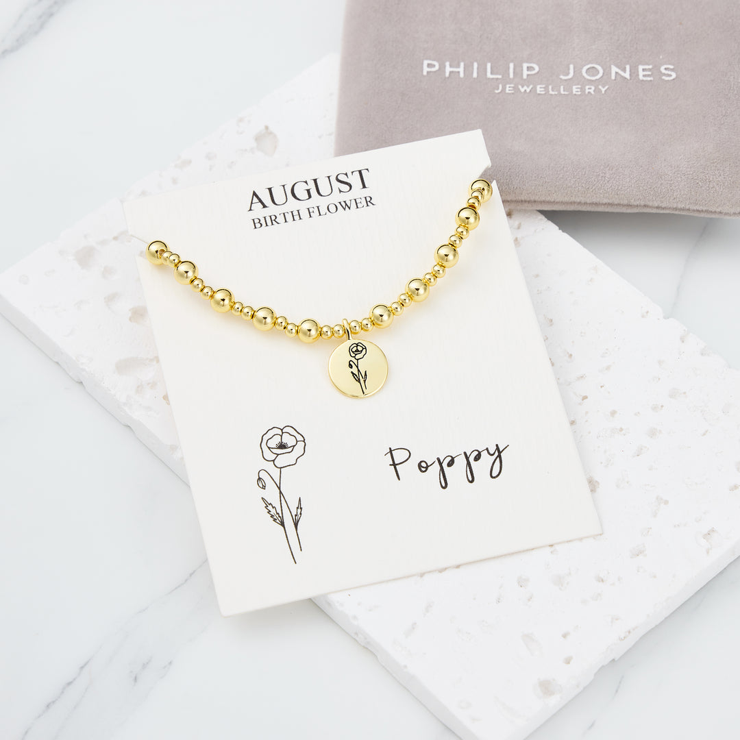 18k Gold Plated August Birth Flower Poppy Beaded Stretch Bracelet with Card