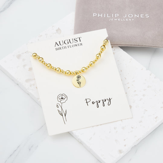 18k Gold Plated August Birth Flower Poppy Beaded Stretch Bracelet with Card