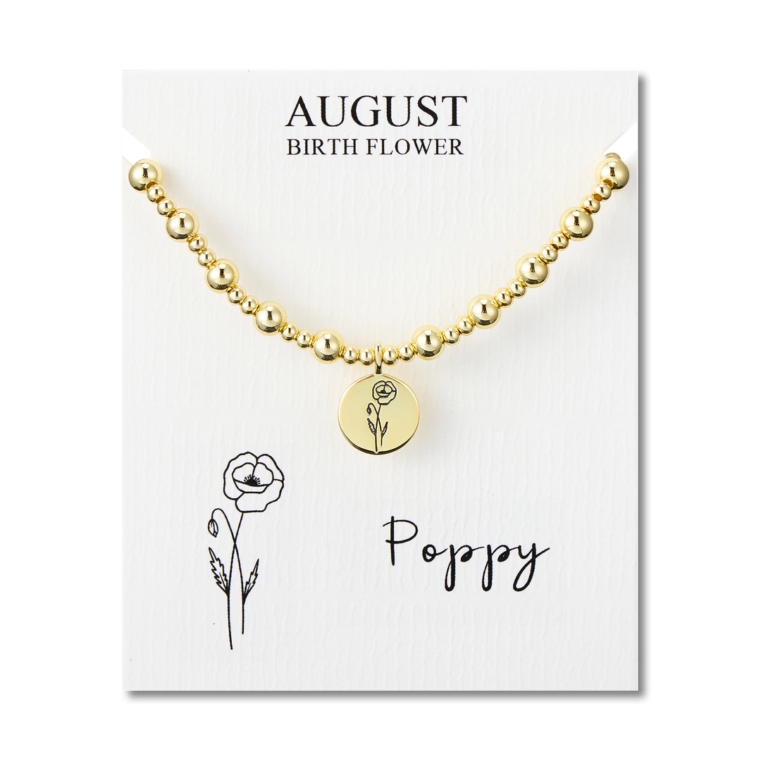 18k Gold Plated August Birth Flower Poppy Beaded Stretch Bracelet with Card