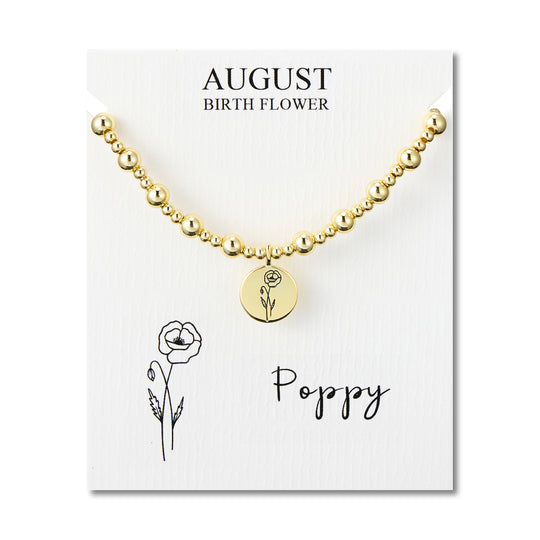 18k Gold Plated August Birth Flower Poppy Beaded Stretch Bracelet with Card