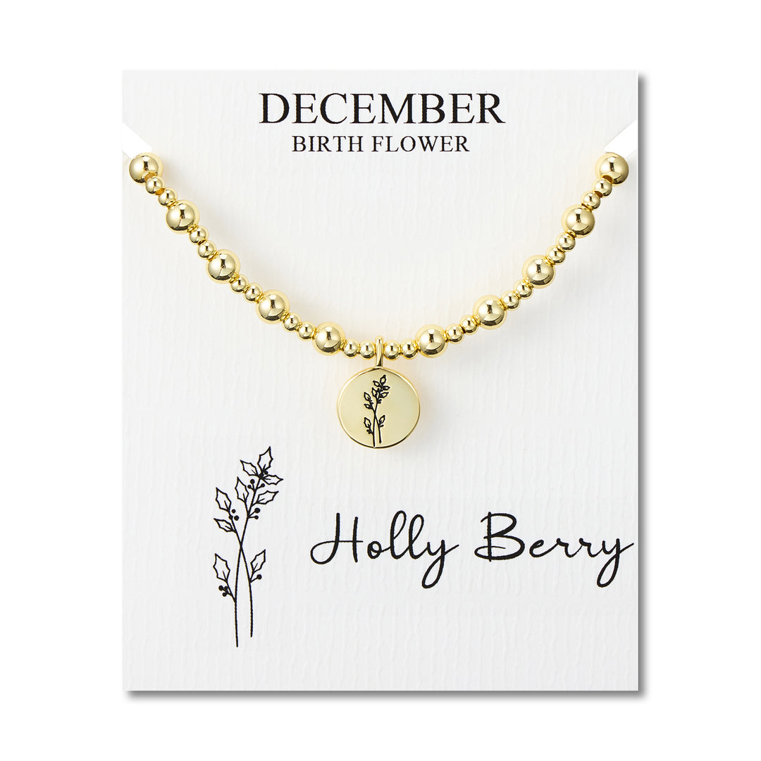 18k Gold Plated December Birth Flower Holly Berry Beaded Stretch Bracelet with Card