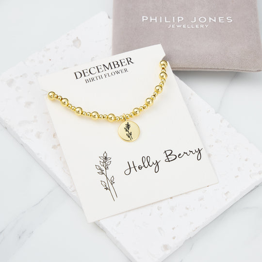 18k Gold Plated December Birth Flower Holly Berry Beaded Stretch Bracelet with Card