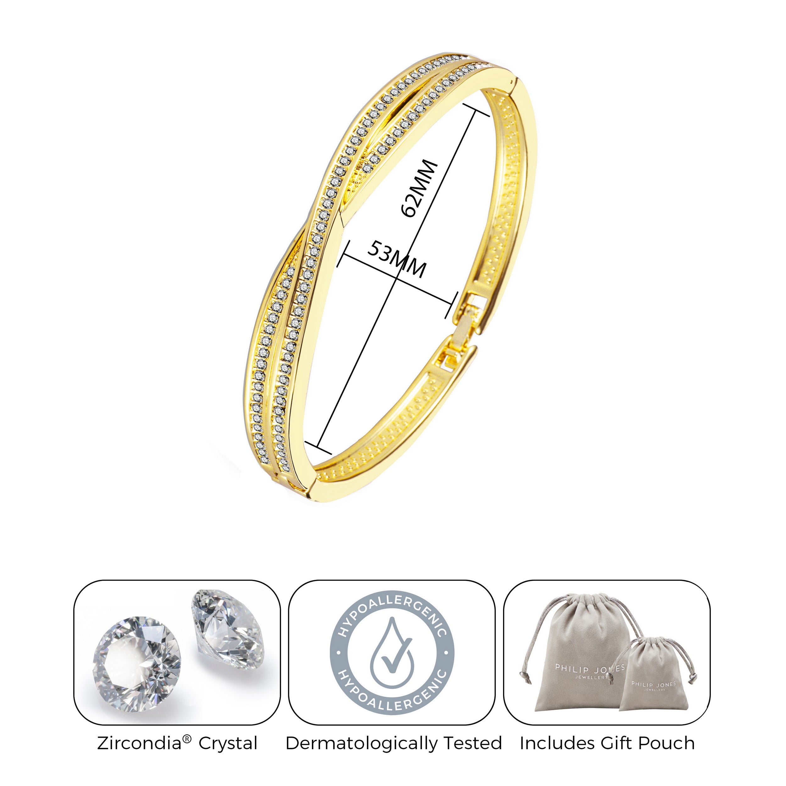 Gold Plated Crossover Bangle Created with Zircondia® Crystals (7 Inch)