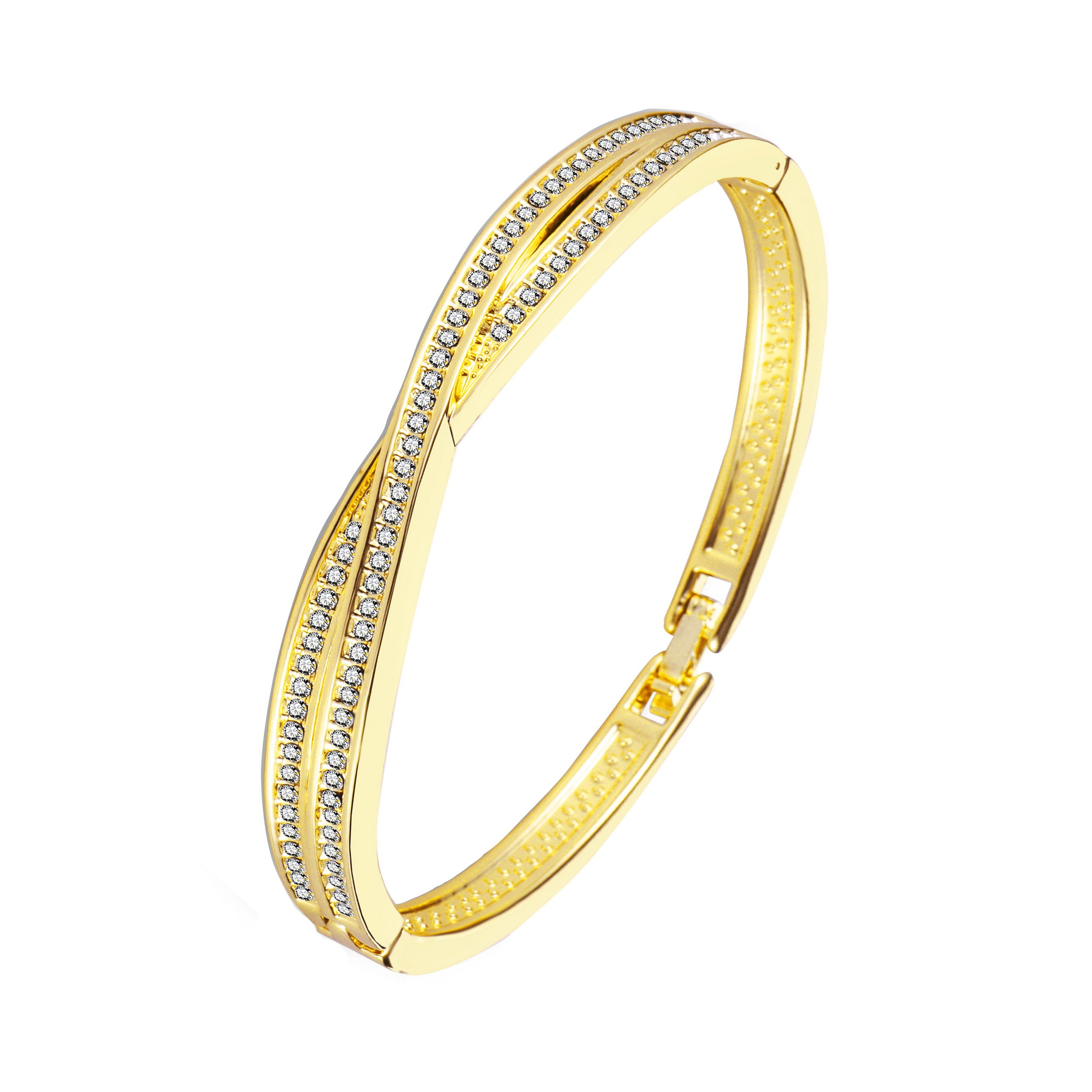 Gold Plated Crossover Bangle Created with Zircondia® Crystals (7 Inch)