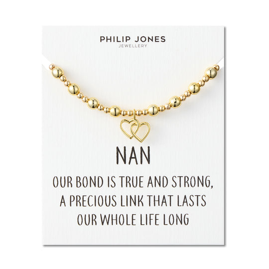 18k Gold Plated Nan Heart Link Beaded Stretch Bracelet with Quote Card