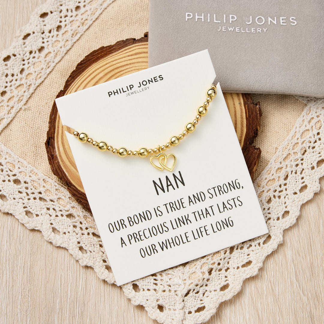 18k Gold Plated Nan Heart Link Beaded Stretch Bracelet with Quote Card