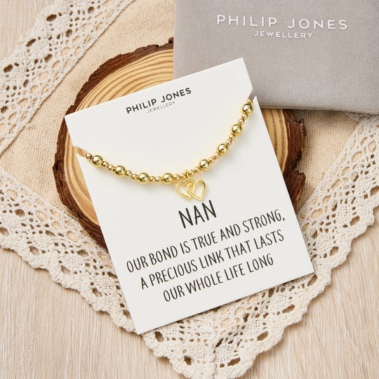 18k Gold Plated Nan Heart Link Beaded Stretch Bracelet with Quote Card