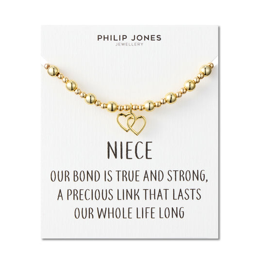 18k Gold Plated Niece Heart Link Beaded Stretch Bracelet with Quote Card