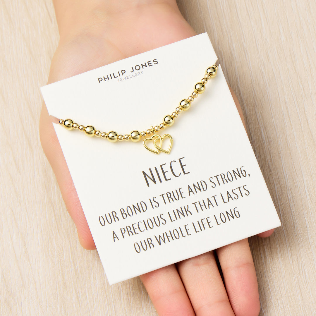 18k Gold Plated Niece Heart Link Beaded Stretch Bracelet with Quote Card
