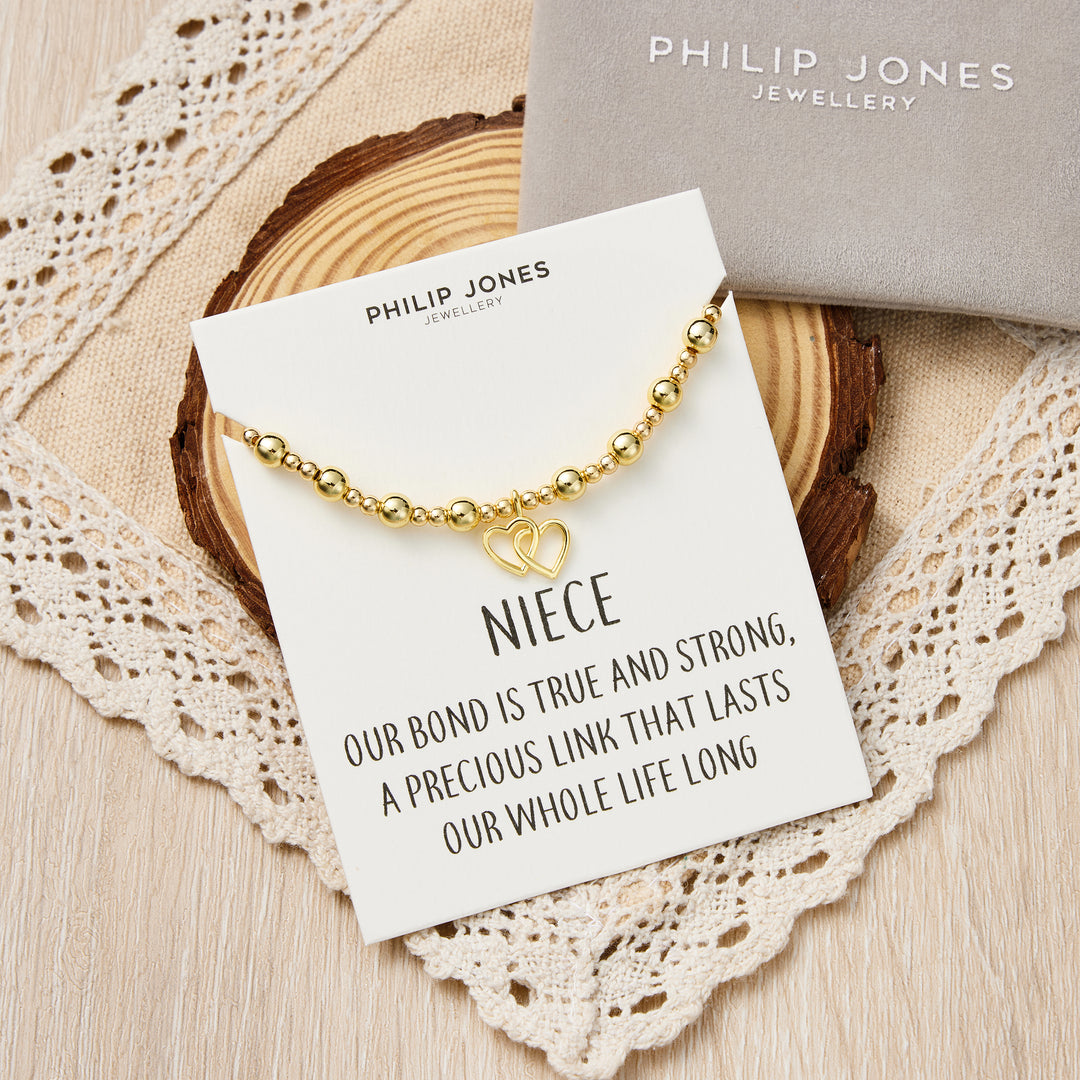 18k Gold Plated Niece Heart Link Beaded Stretch Bracelet with Quote Card