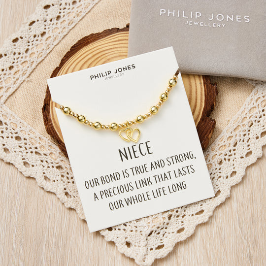 18k Gold Plated Niece Heart Link Beaded Stretch Bracelet with Quote Card