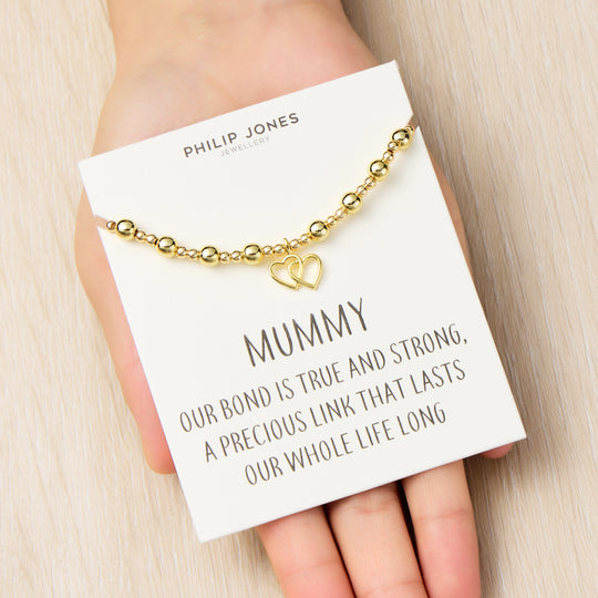 18k Gold Plated Mummy Heart Link Beaded Stretch Bracelet with Quote Card