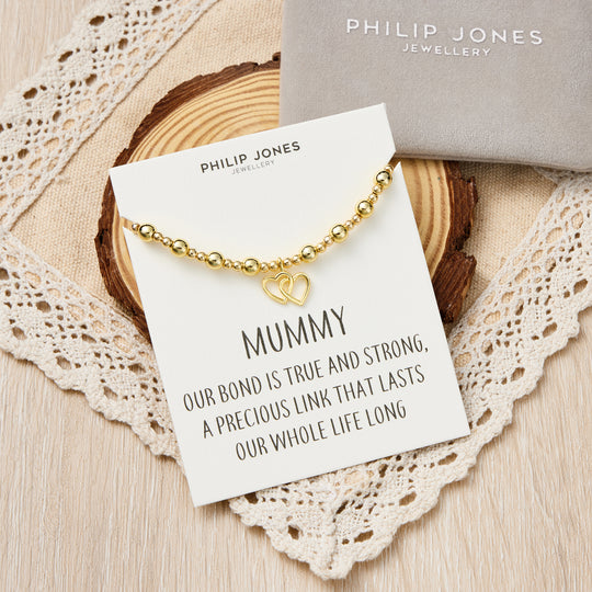 18k Gold Plated Mummy Heart Link Beaded Stretch Bracelet with Quote Card