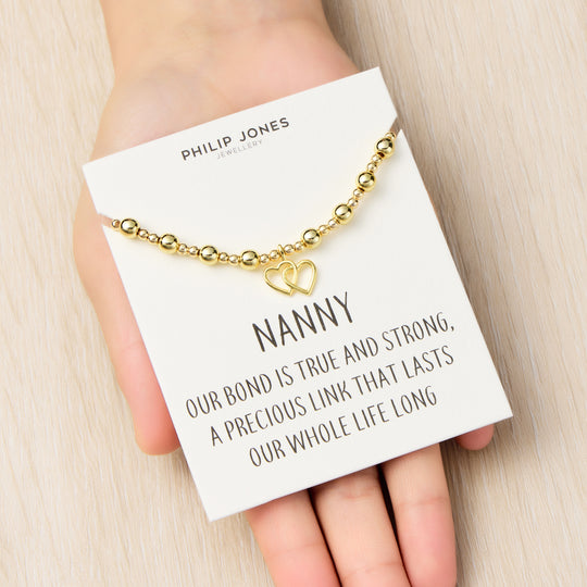18k Gold Plated Nanny Heart Link Beaded Stretch Bracelet with Quote Card