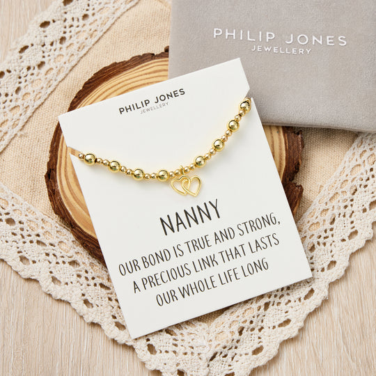 18k Gold Plated Nanny Heart Link Beaded Stretch Bracelet with Quote Card