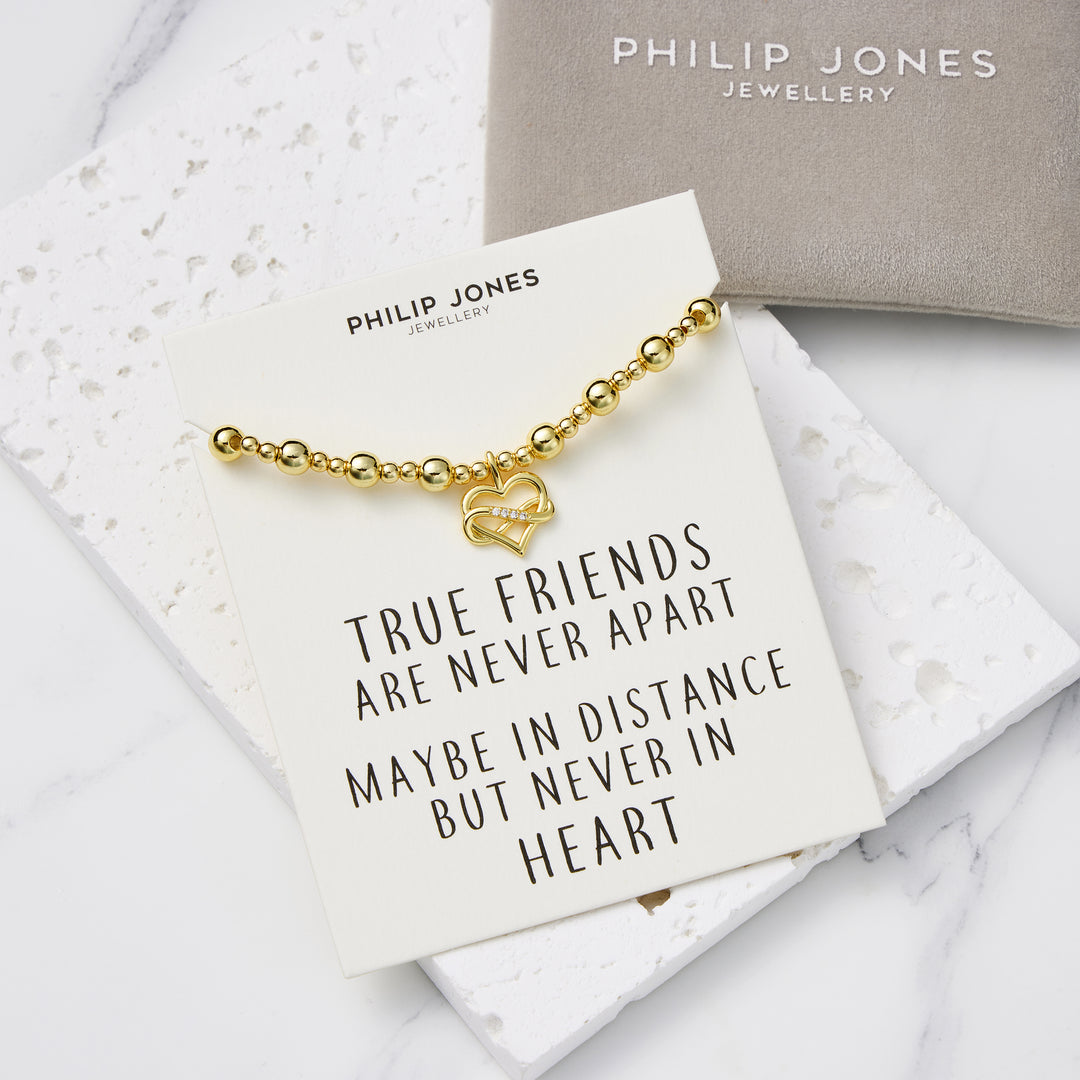 18k Gold Plated Infinity Heart Beaded Stretch True Friends Bracelet with Quote Card